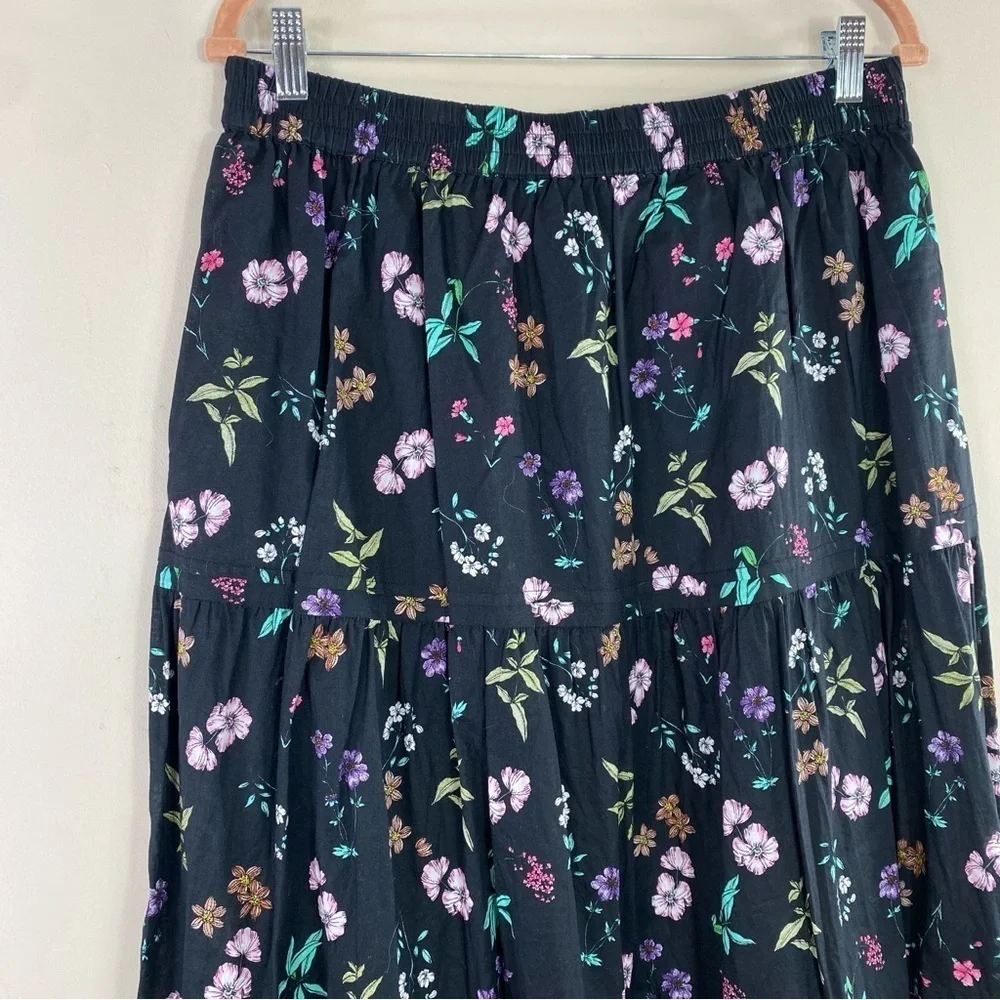 Antthony HSN Black Floral Cottagecore 100%‎ Cotton Tiered Skirt w/Pockets Sz L
